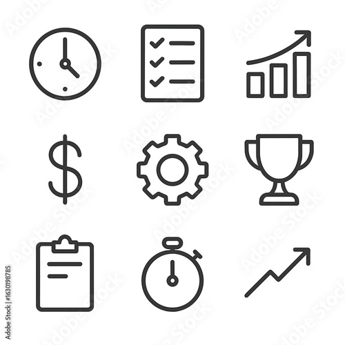 Labour Productivity Icons. Outline icon set of labour productivity: clock, checklist, bar chart, dollar sign, gear, trophy,