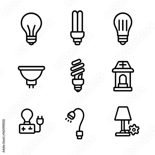 Lamp Energy Icons. Outline icon set of lamp energy sources: incandescent bulb lamp, fluorescent lamp, LED lamp, halogen lamp, CFL