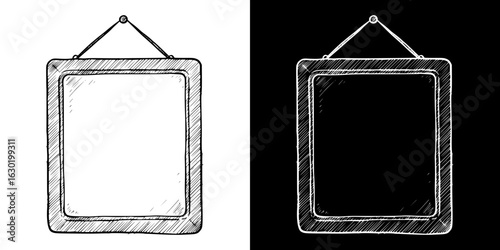 Isolated vector image of frame with chalk drawing style, two design variants on transparent and black background, pencil drawing

