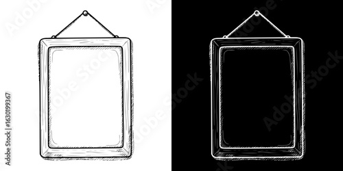 Isolated vector image of rectangular frame for text, two design variants on transparent and black background, pencil drawing, chalk drawing