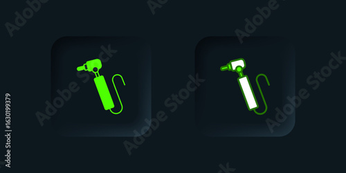 Green Tooth drill icon isolated on black background. Dental handpiece for drilling and grinding tools. Black square button. Vector