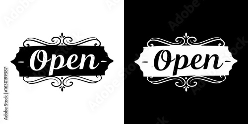"Open" elegant sign, isolated vector image, two design variants on transparent and black background, pencil drawing, chalk drawing
