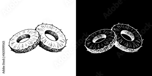 Pencil drawing of pineapple rings, isolated vector image, two design variants on transparent and black background, chalk drawing