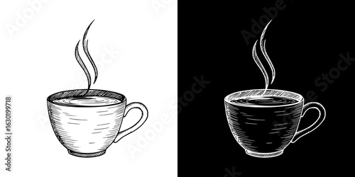 Isolated vector image of a steaming coffee cup, two design variants on transparent and black background, pencil drawing, chalk drawing
