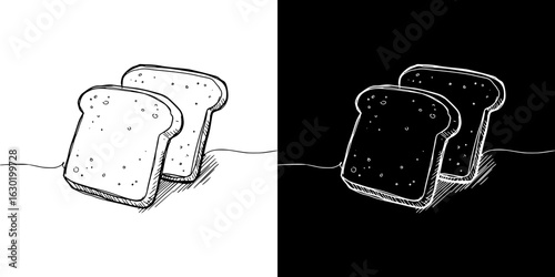 Isolated vector image of two slices of bread, two design variants on transparent and black background, pencil drawing, chalk drawing
