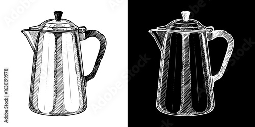 Isolated vector image of coffee pot, two design variants on transparent and black background, pencil drawing, chalk drawing
