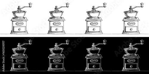 Isolated vector image of vintage coffee grinder, two design variants on transparent and black background, pencil drawing, chalk drawing, seamless border
