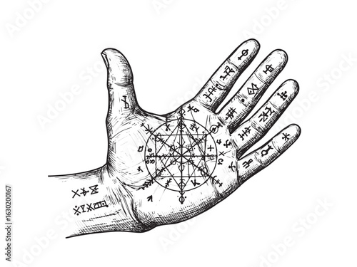 Mystical palm marked with geometric symbols combining artisanal craft, sacred geometry, and vintage mysticism.eps