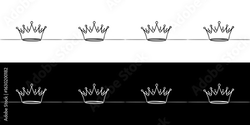 Isolated vector image of crowns, two design variants on transparent and black background, pencil drawing, chalk drawing, seamless border
