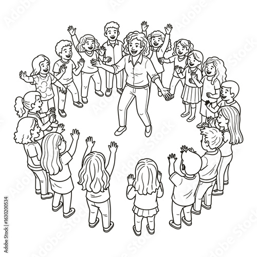 An engaging black and white illustration of a female teacher leading a group of happy, diverse children in a fun circle activity together.