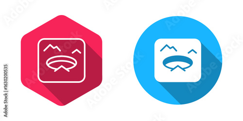 Filled and outline Winter fishing icon isolated with long shadow background. Round ice frame. Hole in ice. Vector