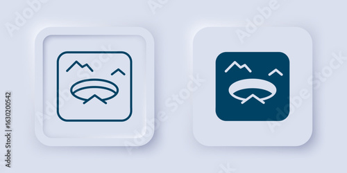 Filled and outline Winter fishing icon isolated on grey background. Round ice frame. Hole in ice. Square button. Vector