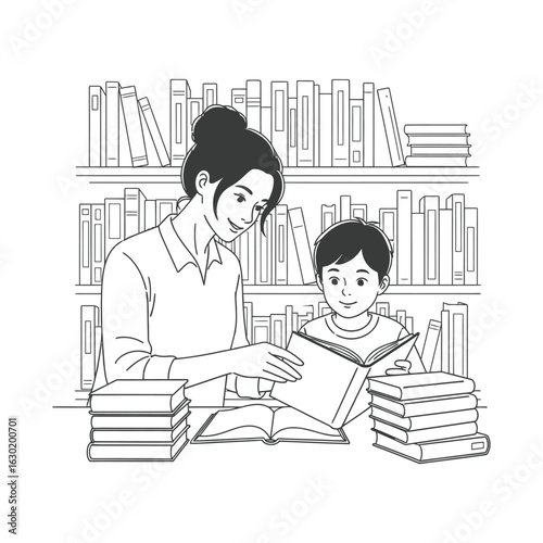 A loving mother helps her young son with his reading and homework in a library, surrounded by books. An illustration of family learning and education.