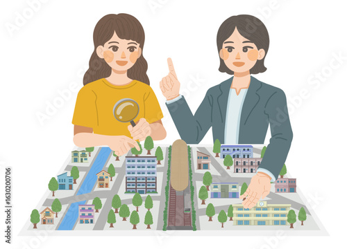 部屋探しをする女性客と、住環境の説明をする不動産屋女性店員のフラットなイラスト	