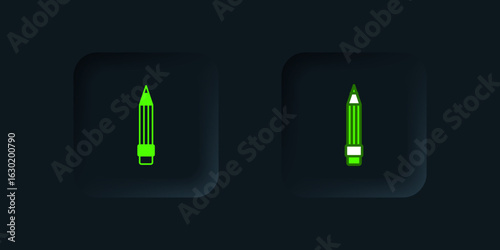 Green Pencil with eraser icon isolated on black background. Drawing and educational tools. School office symbol. Black square button. Vector