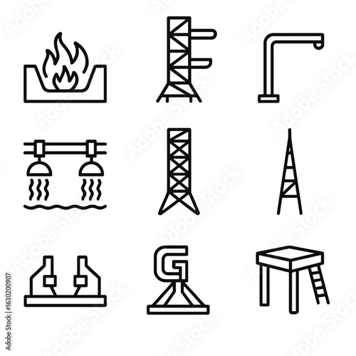 Launch Pad Icon Set. Outline icon set of launch pad infrastructure: flame trench, service structure, umbilical arm, water deluge