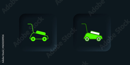Green Lawn mower icon isolated on black background. Lawn mower cutting grass. Black square button. Vector
