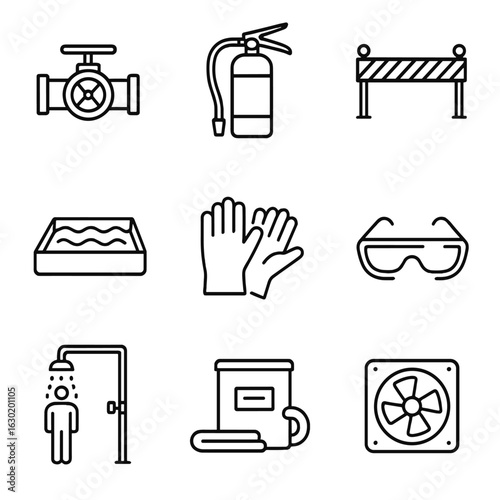 Leak Control Icons. Outline icon set of leak control equipment: shutoff valve, fire extinguisher, barrier, containment pool,