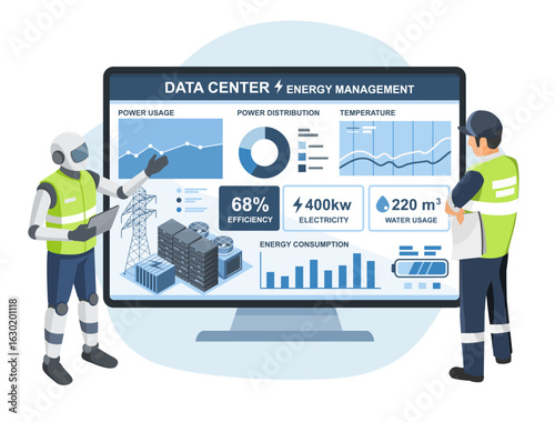 AI powered robot assists engineer in real time energy management and system optimization inside a modern data center facility isolated cartoon