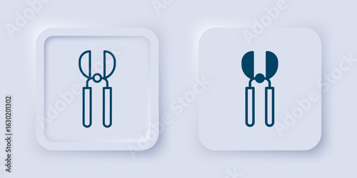 Filled and outline Gardening handmade scissors for trimming icon isolated on grey background. Pruning shears with wooden handles. Square button. Vector