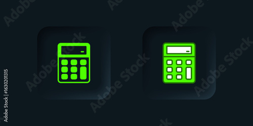 Green Calculator icon isolated on black background. Accounting symbol. Business calculations mathematics education and finance. Black square button. Vector