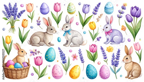 Easter bunnies, tulips, and eggs