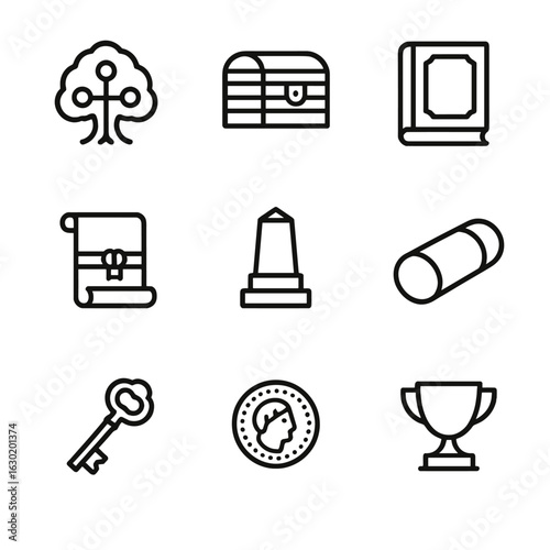 Legacy Symbols Icons. Outline icon set of legacy symbols: family tree, heirloom, old book, scroll, monument, time capsule, vintage
