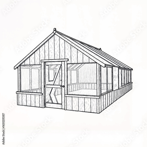Detailed greenhouse design on white background, gardening concept