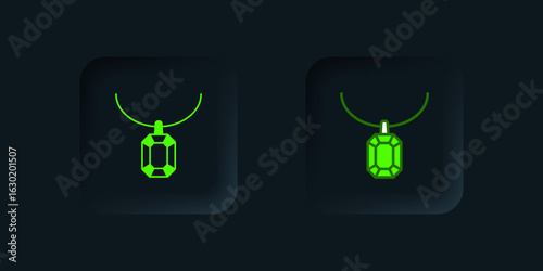 Green Pendant on necklace icon isolated on black background. Black square button. Vector