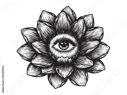 Single eye at flower's heart symbolizes perception, growth, and botanical insight in vintage style.eps
