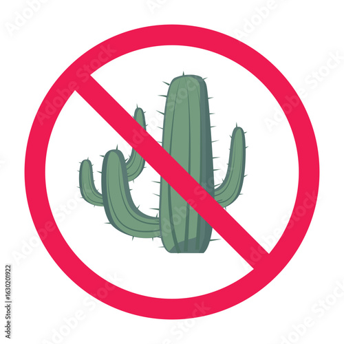 No cactus sign, forbidden cactus plant sign, thorny plants prohibited symbol, flat vector illustration 
