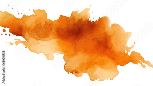 Hand-painted watercolor splash in warm orange and brown tones, featuring organic gradients and expressive brushstrokes. Ideal for artistic backgrounds, branding, and creative design.