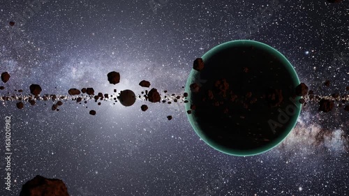 Green alien planet surrounded by asteroids and a planetoid in a nebula - 3D illustration