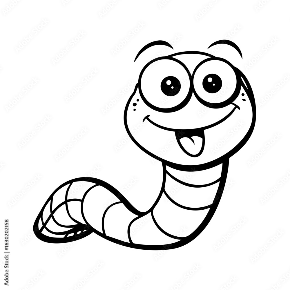 Fototapeta premium Minimalist black vector of a happy cartoon worm with big eyes, symbolizing fun, nature, and children's illustration, isolated on a transparent background