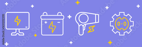 Set line Electrical outlet, Hair dryer, Car battery and Smart Tv icon. Vector