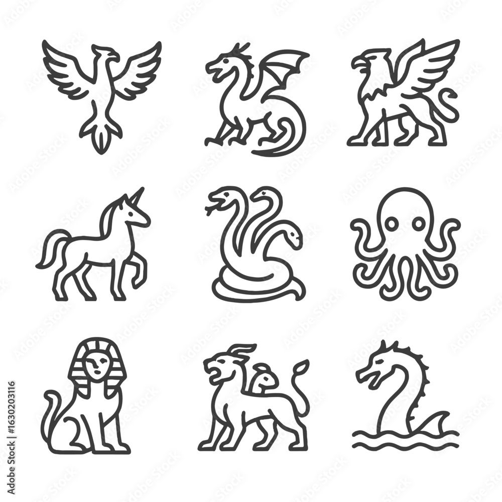 Fototapeta premium Legendary Creature Icons. Outline icon set of legendary creatures: phoenix, dragon, griffin, unicorn, hydra, kraken, sphinx,
