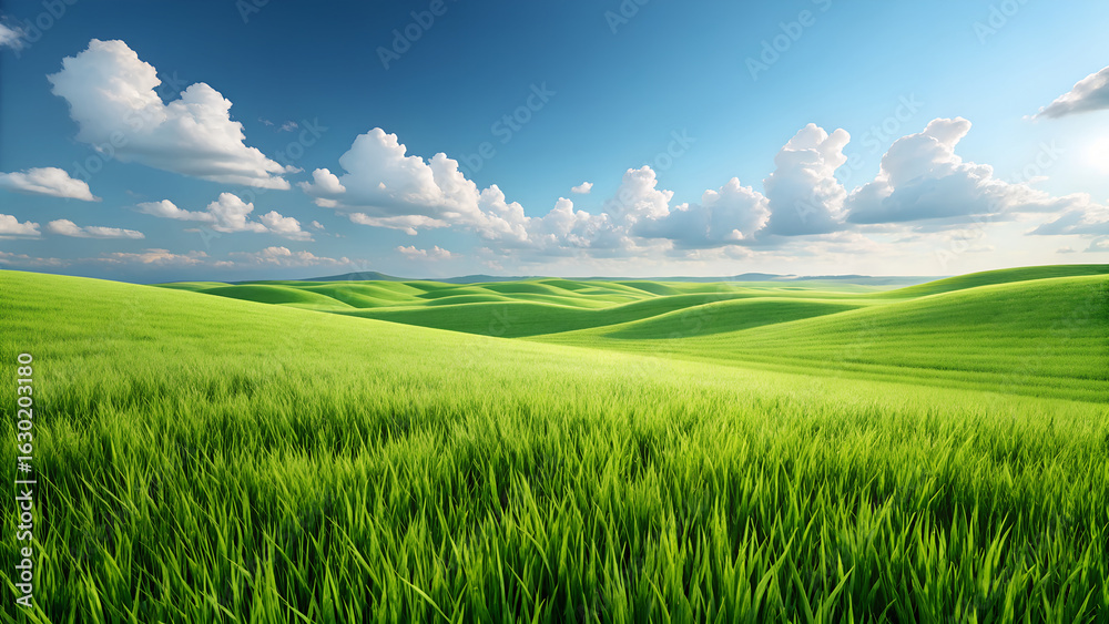 Fototapeta premium A bright green grassy field with rolling hills under a blue sky filled with fluffy white clouds