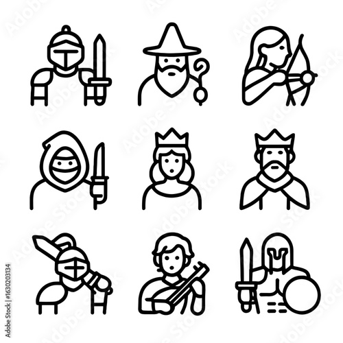 Legendary Hero Icons. Outline icon set of legendary heroes: knight, wizard, archer, rogue, queen, king, dragon slayer, bard,