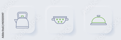 Set line Covered with tray of food, Kitchen colander and Kettle handle icon. Vector
