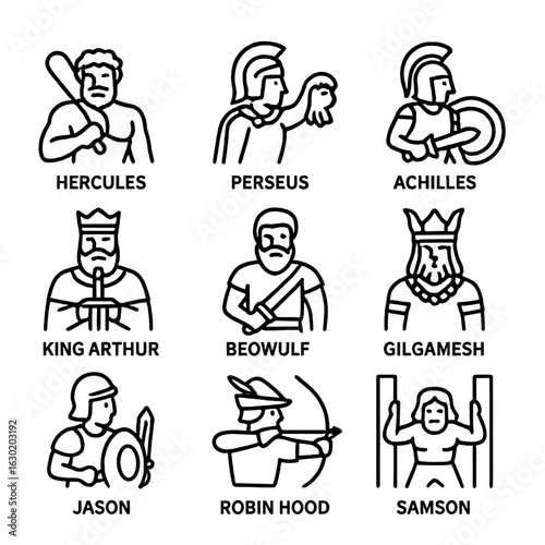Legendary Heroes Icons. Outline icon set of legendary heroes: Hercules, Perseus, Achilles, King Arthur, Beowulf, Gilgamesh, Jason,
