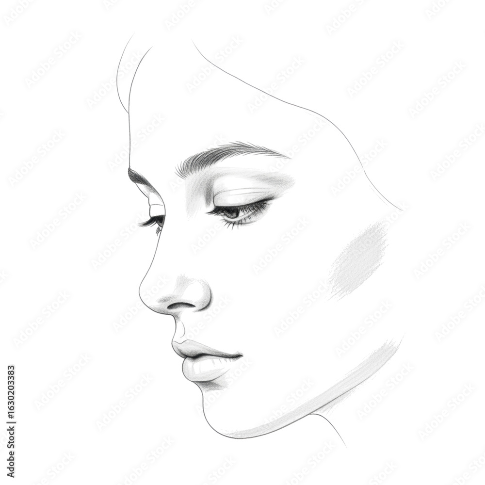 Abstract black and white sketch of female face in profile Abstract black and white sketch of female face in profile