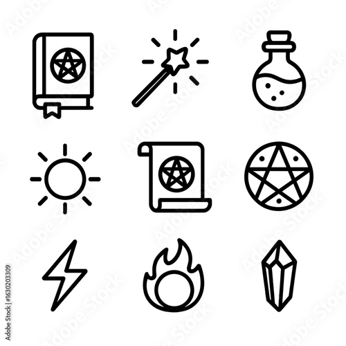 Legendary Magic Icons. Outline icon set of legendary magic: spell book, magic wand, potion vial, glowing orb, enchanted scroll,