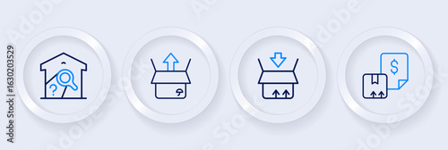 Set line Waybill, Carton cardboard box, Unboxing and Warehouse check icon. Vector