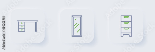 Set line Chest of drawers, Big full length mirror and Office desk icon. Vector