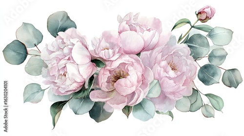 Fototapeta Naklejka Na Ścianę i Meble -  A delicate watercolor illustration of pink peonies and eucalyptus leaves, showcasing botanical beauty.