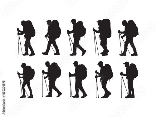 Silhouette of hikers with backpacks and trekking poles isolated on white background.