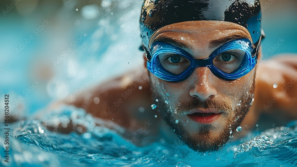Fototapeta premium Professional swimmer diving top view with black cap and blue goggles, commercial-grade studio lighting with cinematic color grading, hyper-detailed magazine-style sports photography.