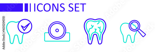 Set line Broken tooth, Otolaryngological head reflector and Tooth icon. Vector