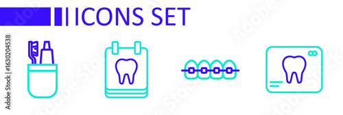 Set line X-ray of tooth, Teeth with braces, Calendar and Toothbrush and toothpaste icon. Vector