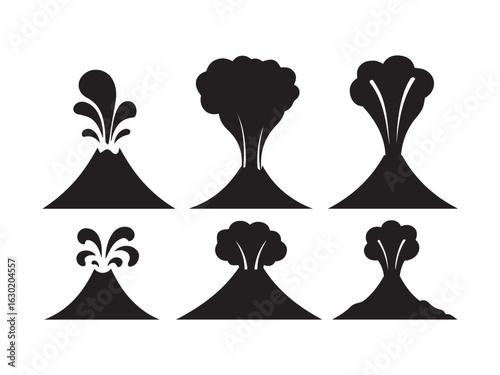 Six volcanic eruption silhouettes vector isolated on white background.